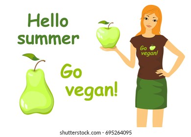 Set of isolated apple, pear, text Hello summer, Go vegan. T-shirt, tunic and bag's design. Cartoon girl with t-shirt's mock-up on the white background. Eps 10.

