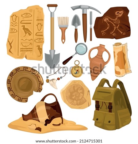Set with isolated archeology ancient artifacts icons with images of digging tools and elements of antiquity vector illustration