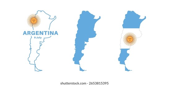  Conjunto de mapas isolados da argentina. bandeira da argentina sobreposta com proporções de bandeira. Mapas e viagens ao redor do mundo