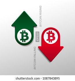 Set of isolated arrow stickers. Bitcoin grouth up fall down green and red tags. Crypto currency index rating on exchange market. Exchange rate fluctuations.
