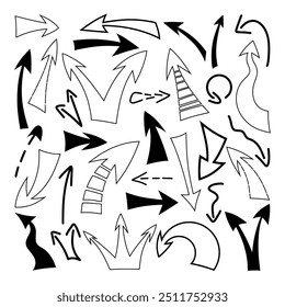 A set of isolated arrows, direction indicators. Vector black and white illustration, hand-drawn. A sign of movement. Decorative abstract graphic element for design, decoration, decoration 