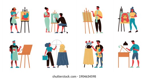 Set Of Isolated Artist Icons With Doodle Characters Of Painters And Sculptors With Paintings Drawing Easels Vector Illustration