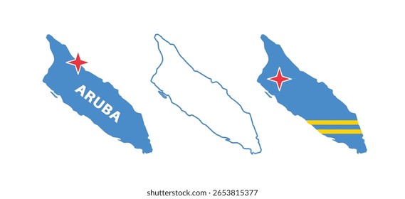Set of isolated aruba maps. aruba flag overlaid with flag proportions. Maps and traveling around the world