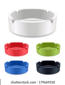 Set of isolated ashtrays on white background. Good for branding design. White, red, green, blue and black colors.