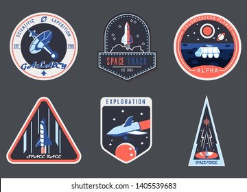 Set of isolated astronaut chevron or spaceman suit patches. Icons for cosmos or universe exploration, planet colonization with satellite and rocket, planet rover. Space and shuttle