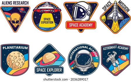 Set Of Isolated Astronaut Chevron Or Spaceman Suit Patches. Icons For Cosmos Or Universe Exploration, Planet Colonization With Satellite And Rocket, Planet Rover. Space And Shuttle