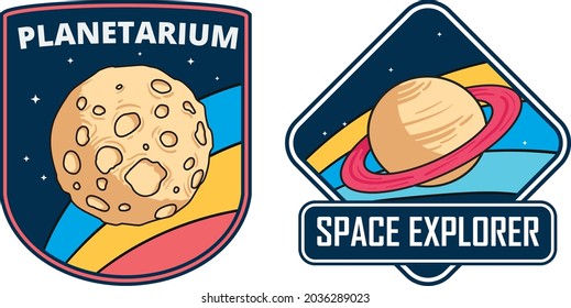 Set of isolated astronaut chevron or spaceman suit patches. Icons for cosmos or universe exploration, planet colonization with satellite and rocket, planet rover. Space and shuttle