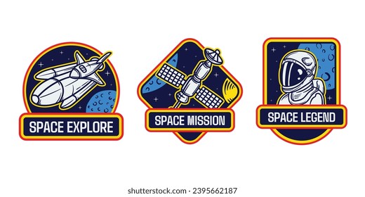 Set of isolated astronaut chevron or spaceman suit patches. Icons for cosmos or universe exploration, planet colonization with satellite and rocket, planet rover. Space and shuttle