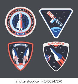 Set of isolated astronaut or cosmonaut patch. Space exploration or Mars mission stripe or sticker. Badges with starhip or spaceship, satellite. Earth. Retro logo, label, emblem with stars