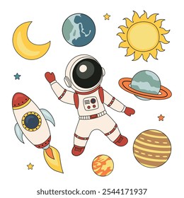 set of isolated astronaut, planets, Sun, Moon, rocket