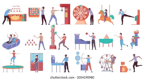 Set of isolated attraction park flat icons with human characters in amusement park with various facilities vector illustration