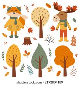 set of isolated autumn animals, trees, leaves