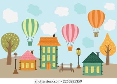 set of isolated autumn city with balloons, lanterns and a bench