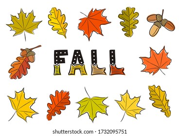 Set of isolated autumn leaves. Hand-drawn autumn maple and oak leaves, acorns. Lettering of the word Fall. Vector doodle style illustration for calendar, season, fabric, cover or banner.