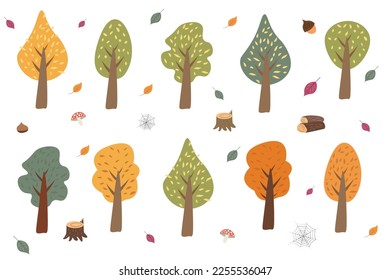 un conjunto de árboles de otoño aislados, hojas y otros elementos de otoño