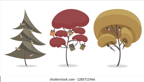 Set of isolated autumn trees - spruce, red and yellow trees - with fruit in shape of books, pencils and paint brushes. Pastel colours, white background, flat cartoon style vector illustration.