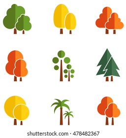 set of isolated autumn trees with yellowing leaves