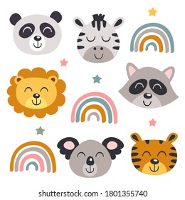 set of isolated baby animals faces and rainbows
-  vector illustration, eps