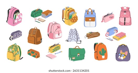 Set of isolated backpacks and pencil cases for preschoolers, school kids, university students. Hand drawn clip art collection of school bags and school supplies. Back to school concept in flat style.