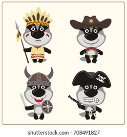 Set isolated badger in cartoon style in costume of viking, american indian, cowboy and pirate.