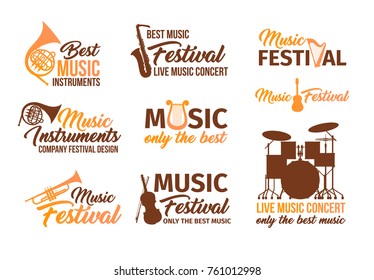 Set of isolated badges for audio or sound instruments. Banners with musical accessories saxophone or sax, acoustic guitar and violin, lyre and drum set or kit. Concerts and performance theme