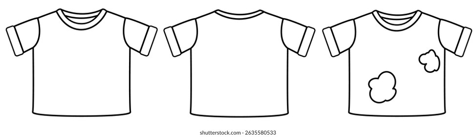 Set of isolated badges with black line. T-shirt clean, dirty, front, back. Select vector illustration eps10. Linear sportswear sign with spots in flat style. Design of online sales design