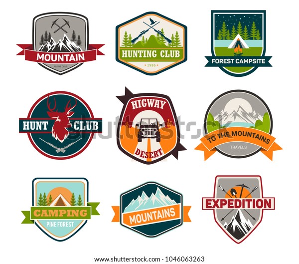 Set of isolated badges with mountain and guns, cap\
and car, deer for expedition and climbing, hunting club and forest\
campsite, desert highway. Tourism and travel, extreme sport and\
geology signs