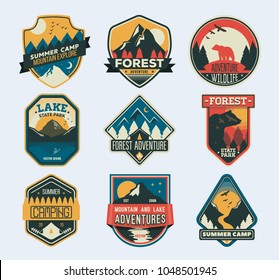 Set of isolated badges with mountain peaks and forest camp. Camp Patches. Badge for forest camping, exploration camp, tourism extreme sport club. Wild travel sticker. Landscape of rocks, national park