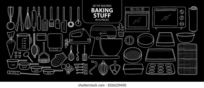 Set of isolated baking stuff in 55 pieces. Cute hand drawn kitchen tools vector illustration only white outline on black background.