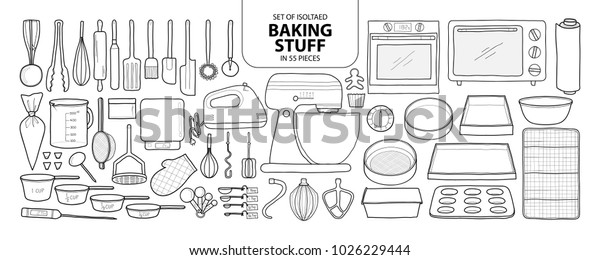 Set of isolated baking stuff in 55 pieces.\
Cute hand drawn kitchen tools vector illustration in black outline\
and white plane on white\
background.