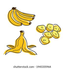 Set isolated bananas on a white doodle background. Banana bunch, banana slices, banana peel. Hand drawing