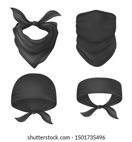 Set of isolated bandanna and face mask, headband and balaclava, buff and head scarf, black sweatband, sport or bike, dust kerchief. Mockup of handkerchief. Man and woman, unisex cloth for head.Fashion