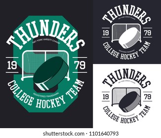 Set of isolated banner designs for professional or college hockey team or ice sport event. Sign with puck and goal. Registered branding trademark for t-shirt print, sportswear logo