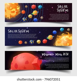 Set of isolated banners for solar system structure and mission or travel to Mars. Orbits with planets near Sun. Earth and Jupiter, Uranus and Saturn, Mercury. Universe and astronomy, cosmos theme
