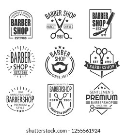 Set of isolated barber shop signboards or vintage barbershop signs. Brand insignia for haircut and shaving gentleman salon. Banner or sticker for professional comb advertising. Branding and business