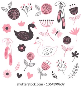 set of isolated beautiful flowers and swans - vector illustration, eps