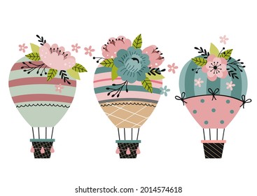 set of isolated beautiful hot air balloons with flowers
