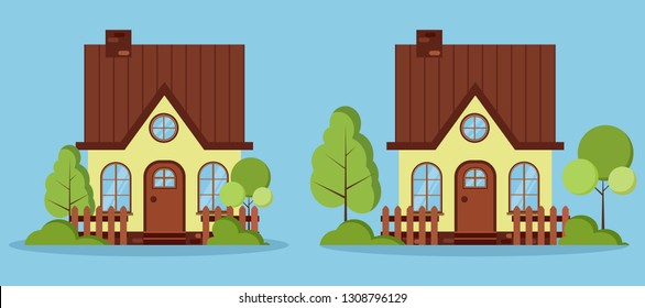 Set of isolated beautiful rural farm fabulous houses with attic, chimney, fences and summer spring trees in flat cartoon style. Vector illustration, detailed yellow house icon on blue background.