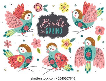 set of isolated beautiful spring birds with flowers - vector illustration, eps    
