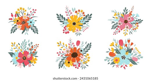 Set isolated beautiful spring or summer bouquets. Cute hand drawn flat vector flowers, leaves, berries. Design elements for decoration greeting card, poster, wedding invitation.