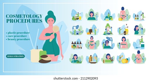 Set with isolated beauty procedure flat icons with female human characters professional tools applicators and text vector illustration