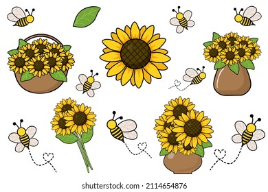 Set of isolated  bees and sunflowers. Vector illustration. Set of sunflowers with cute cartoon bees isolated on white background. 