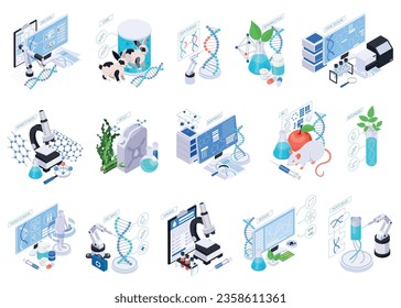 Conjunto con composiciones aisladas de biotecnología de iconos isométricos con estructuras moleculares de equipos de laboratorio y lugares de trabajo de computadoras ilustración vectorial