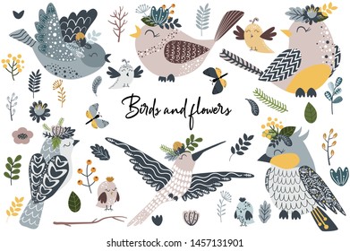 set of isolated birds and flowers - vector illustration, eps