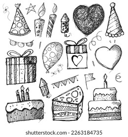 Set of isolated Birthday Party hand drawn doodles on white background
