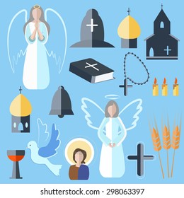 Set of isolated bits and pieces on a religious theme in a flat style. Icons dove, angel, bell, bible, church on a blue background for design. Vector illustration