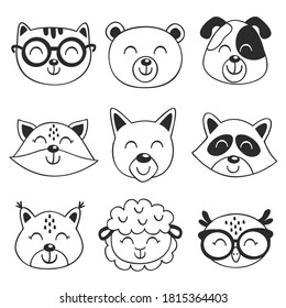 set of isolated black animal faces