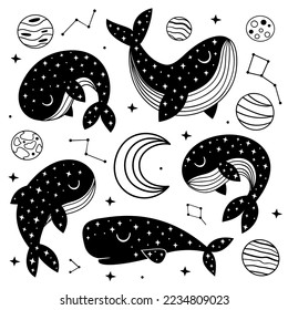 conjunto de ballenas celestes negras aisladas