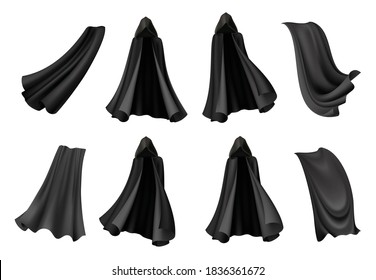 Set of isolated black cloak icons with realistic images of gowns of death costume for halloween vector illustration