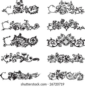 Set of isolated black decorative floral elements